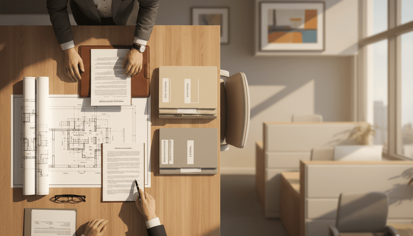 Professional real estate documents and architectural plans on a conference table during a consultation meeting