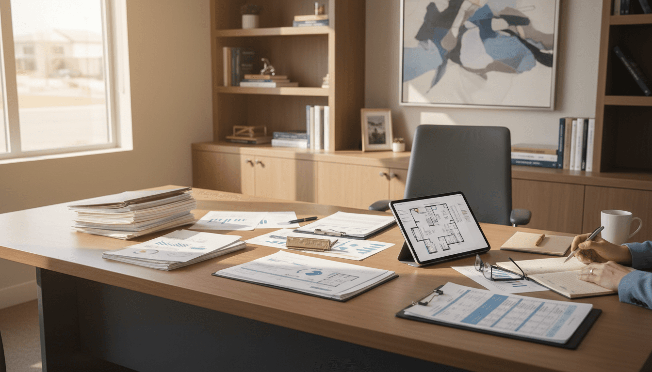 Professional real estate consultant reviewing property documentation at a desk in Sheridan office
