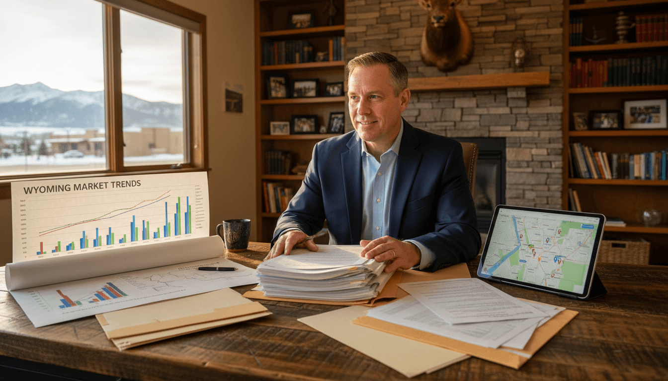 Real estate consultant reviewing acquisition documents with analytical framework