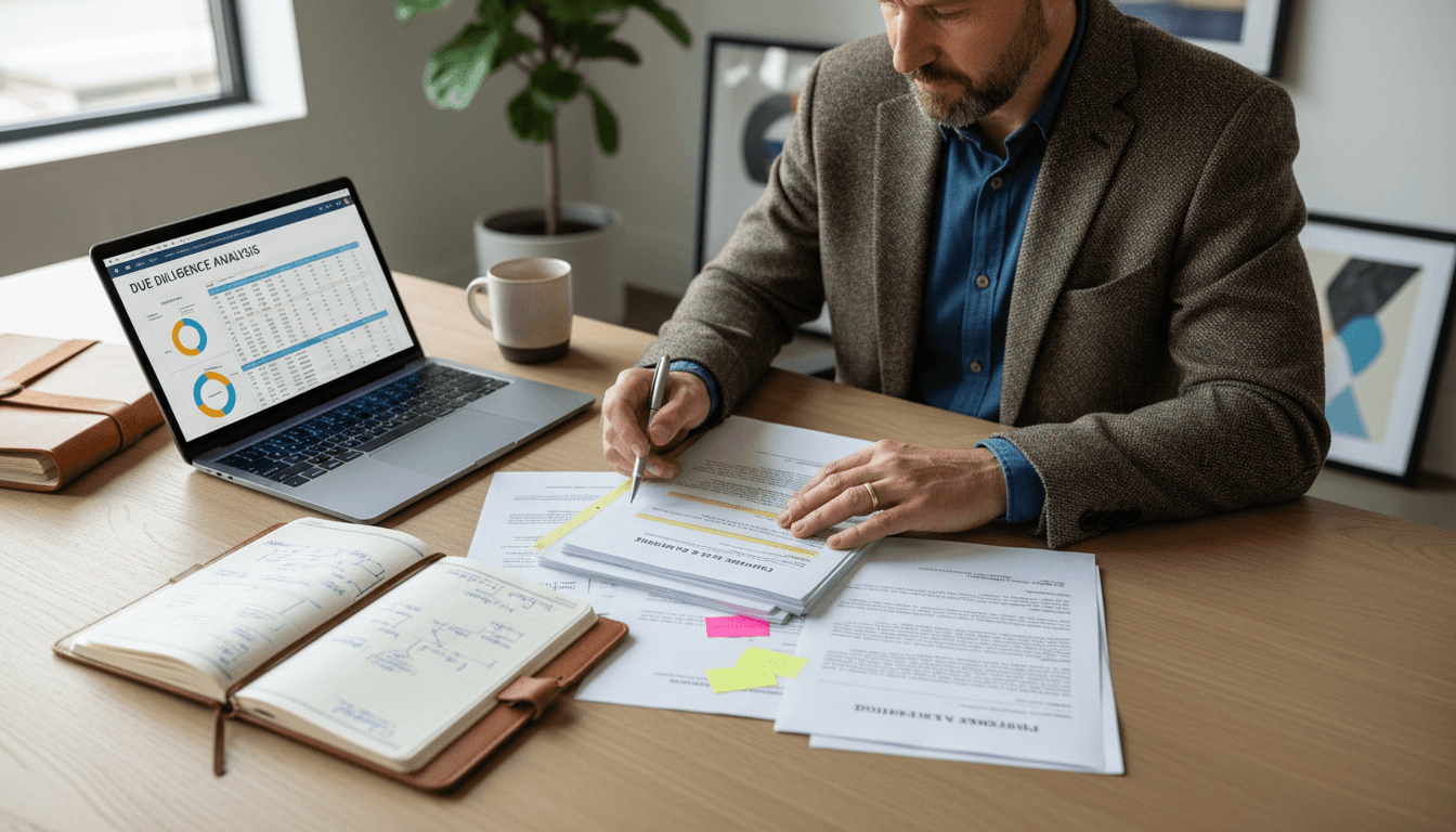 Real estate consultant reviewing acquisition documents and underwriting analysis