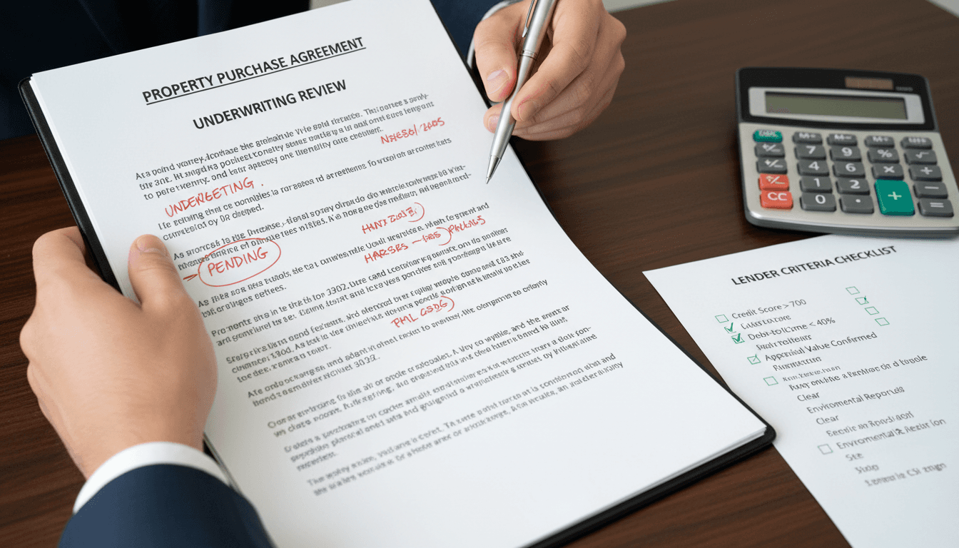 Hands reviewing real estate contract with underwriting analysis notes