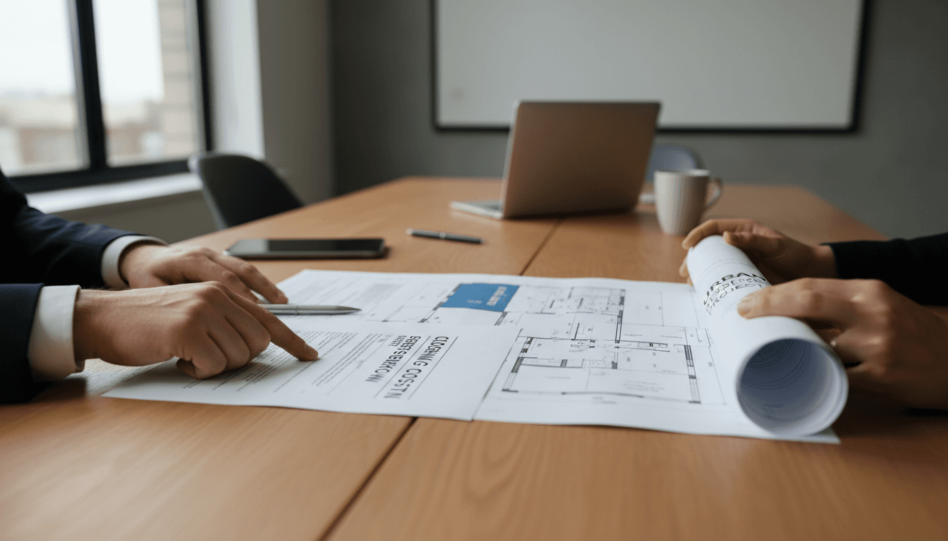 Real estate consultants reviewing transaction documents and blueprints at a wooden table
