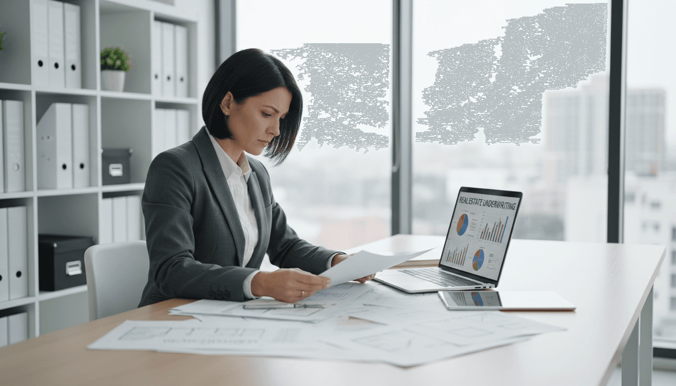 Real estate consultant reviewing property documentation at desk with laptop