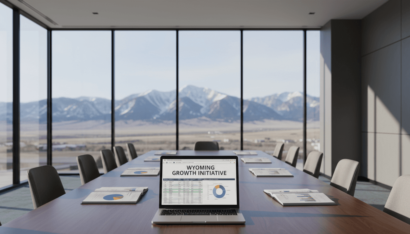 Professional conference room with real estate documents and analysis materials on a polished wooden table, mountains visible through windows