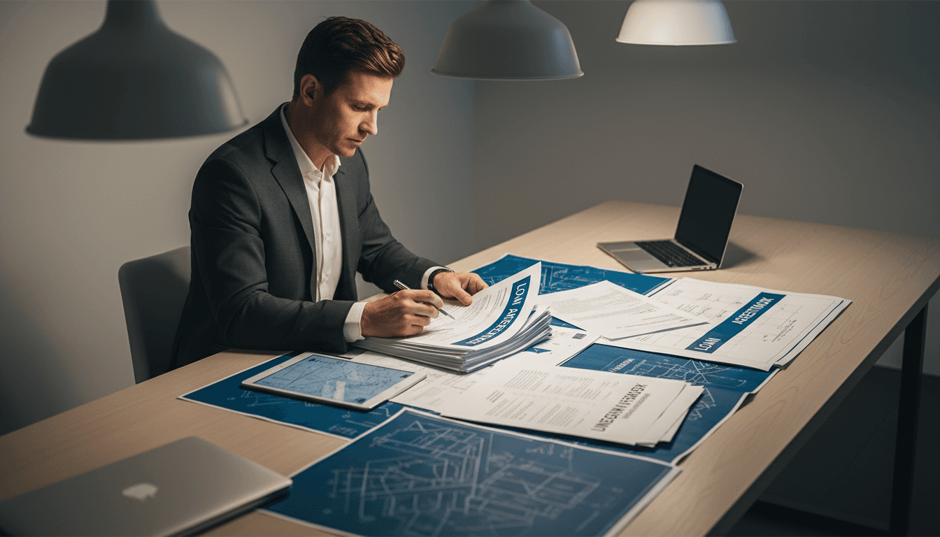 Real estate consultant reviewing acquisition due diligence documents