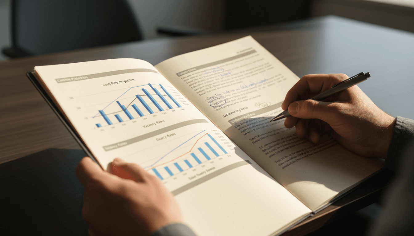 Hands holding property analysis report with underwriting notes and charts